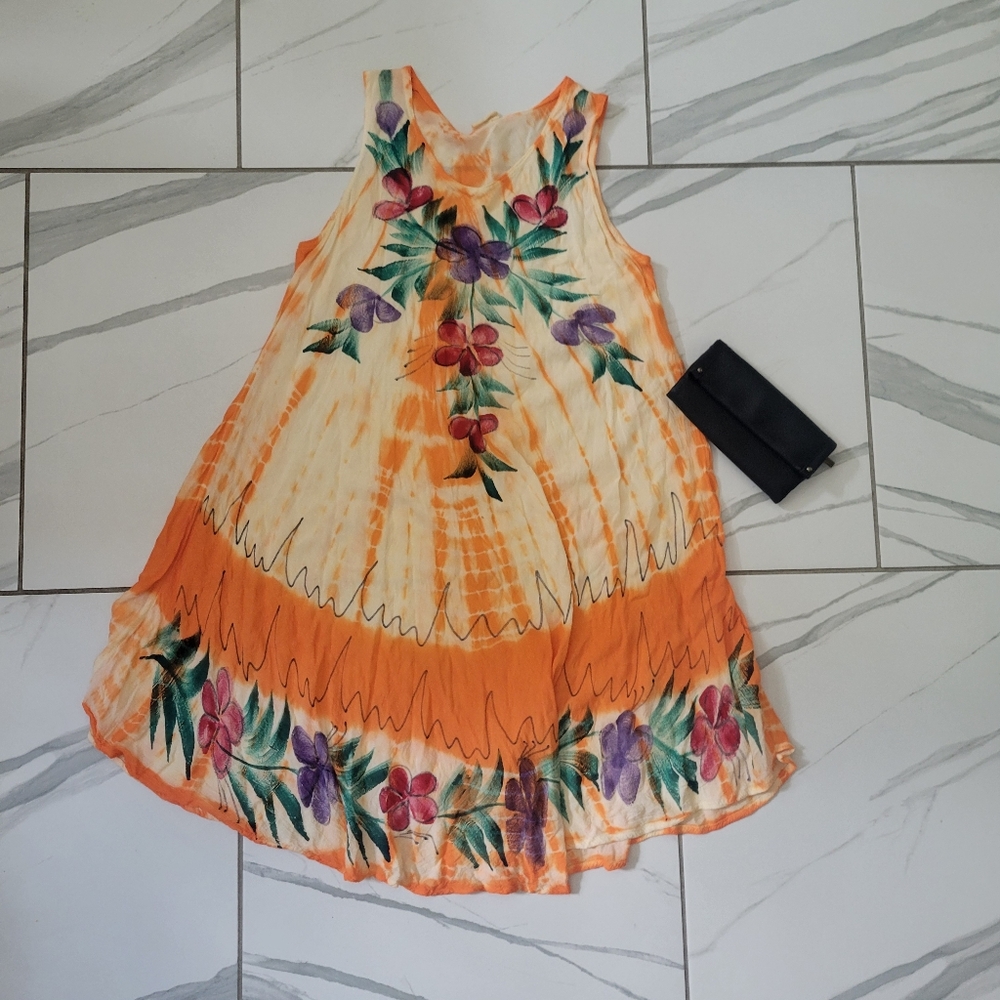 Vintage One Size Exist Orange and Cream Tie-Dye Flowy Floral Dress